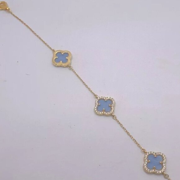 Rachel Zoe Gold Plated 925 Ster Silver Bracelet Pave 3 Blue Clover - Picture 8 of 14